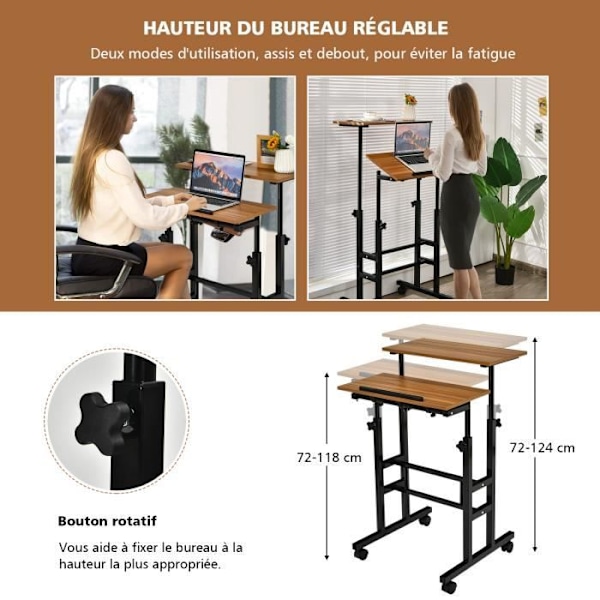 COSTWAY Sit-Stå-skrivebord med hjul Computerbord Højdejusterbar arbejdsstation Moderne stil Valnød kastanj
