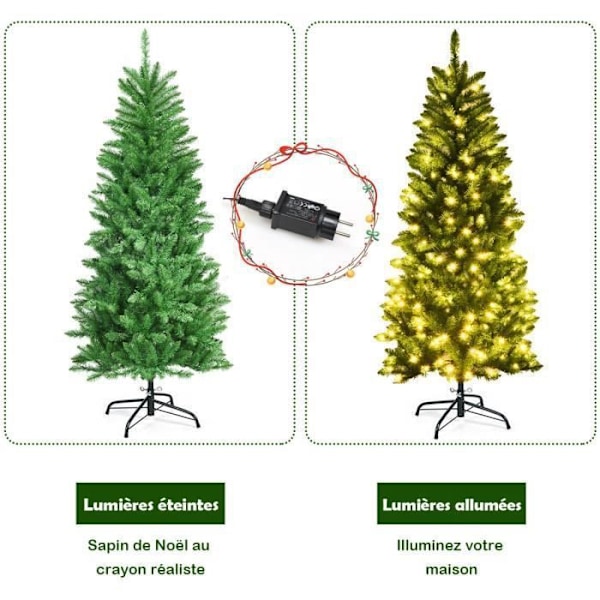 Konstgjord LED-julgran 150cm COSTWAY-150 Varmvita lampor-300 PVC-grenar-Järnställ-Juldekor-Smal design Grön
