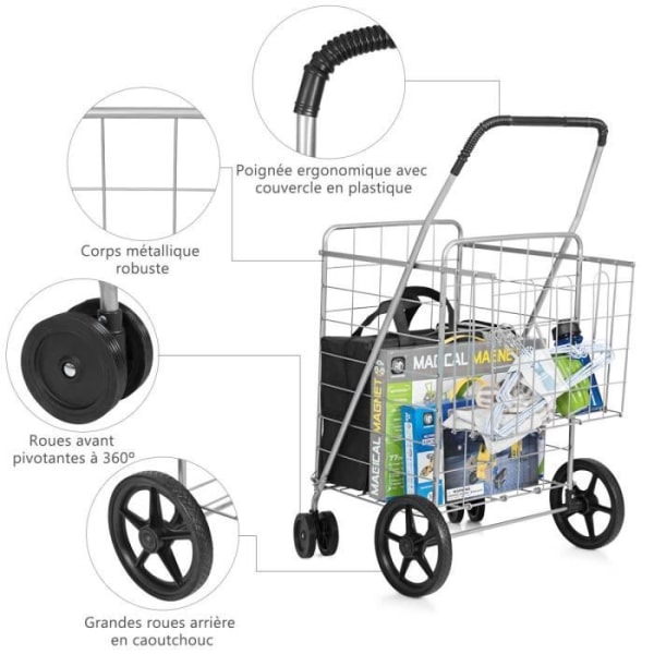 COSTWAY hopfällbar shoppingvagn med 4 metallhjul, 360° vridbar, 2 korgar (100L + 22L), kapacitet 40KG, svart kundvagn