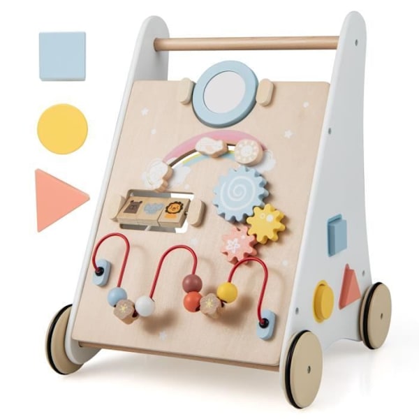 COSTWAY 7 i 1 træ-gåvogn med legetøjscenter, spejle, blokke og gear, rollator for 1 år+, Montessori-legetøj