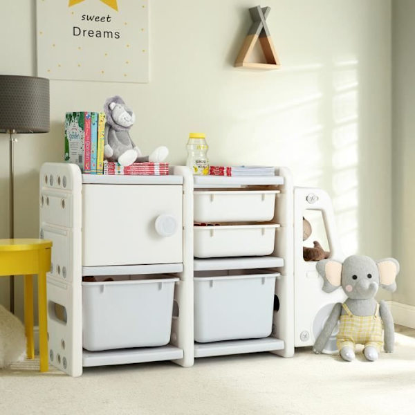 COSTWAY Legetøjsopbevaringsenhed til børn - 2 skraldespande, 2 skuffer og 1 skab 110 x 32 x 66 (L x B x H) CM Grå Grå