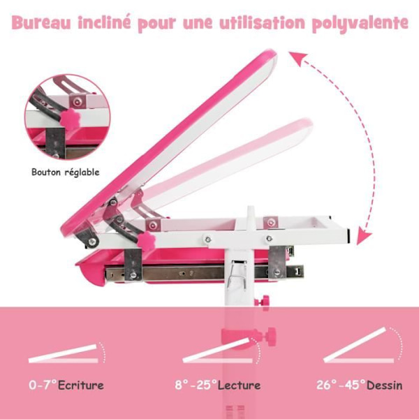COSTWAY Ergonomiskt bordsset för barn Justerbar höjd, 0-45° lutande topp, skjuthylla för flera förvaringsutrymmen Rosa Rosa