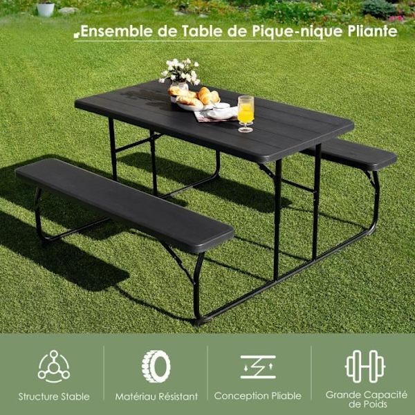 COSTWAY campingbord med 2 foldbare bænke - 4 til 6 personer - til Picnic-Camping Sort