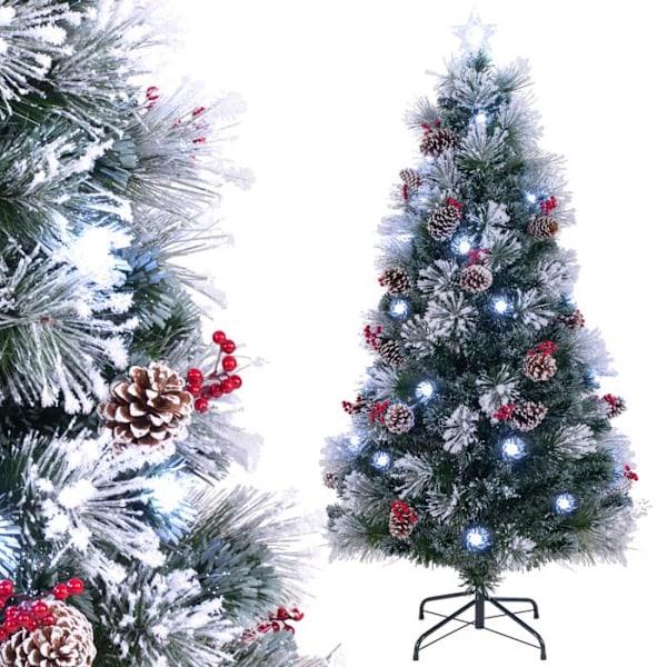 Flocket kunstigt juletræ 180 cm COSTWAY-63 LED-lys, 8 dynamiske lystilstande-Optiske fibre-Røde bær, Pi-kegler Grön