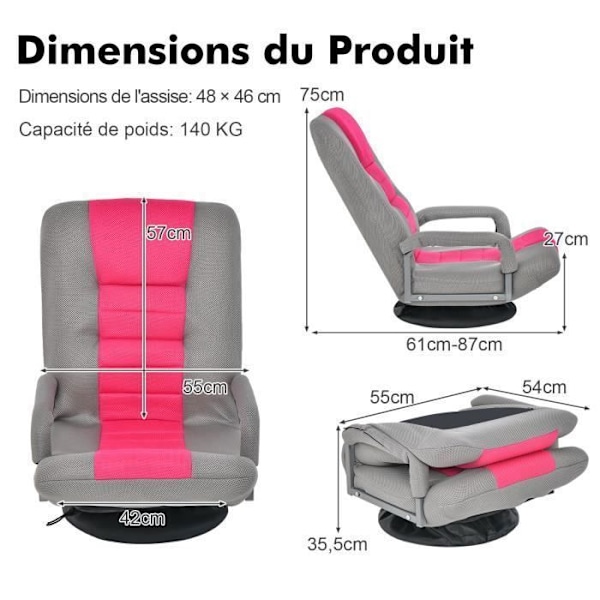 COSTWAY Fällbar Golvfåtölj - Justerbart Ryggstöd i 6 Positioner - Svängbar Bas 360° Metallram Max Belastning 150 KG, Rosa rosa och grå