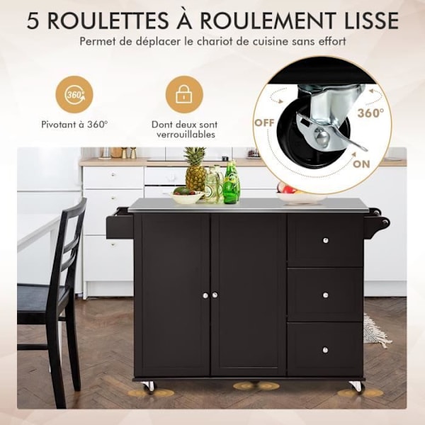COSTWAY Keittiövaunu Pyörillä - Stainless Steel - Keittiösaari/vaunu - 3 Laatikkoa, 2 Ovea ja Mausteovi, Kahvi