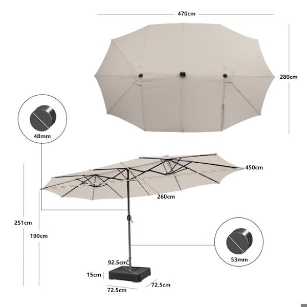 Dobbelt XXL Haveparasol 48 LED - COSTWAY - 470 x 280 x 246 cm - Base og Sandpose - Solpanel - Rektangulær Beige