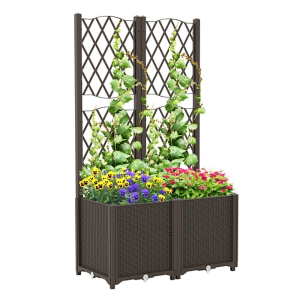 Hævet Plantekasse på Ben 140cm COSTWAY, Gitter til Klatreplanter, Drænhuller, Selv-vanding, 2 Blomsterkasser i Brunt