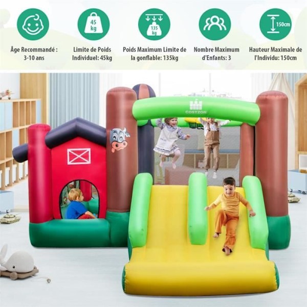 COSTWAY 6-i-1 gårdstema Kids Hoppborg med 680 W blåsare dubbel studsmatta Slide 3 bollgropar, skjutspel Flerfärgad