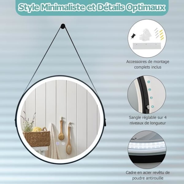 COSTWAY LED Rund Badrumsspegel Ø 60 cm, 2 Touch-knappar, Trefärgad belysning, Anti-dimma, Minne, Läderrem Svart