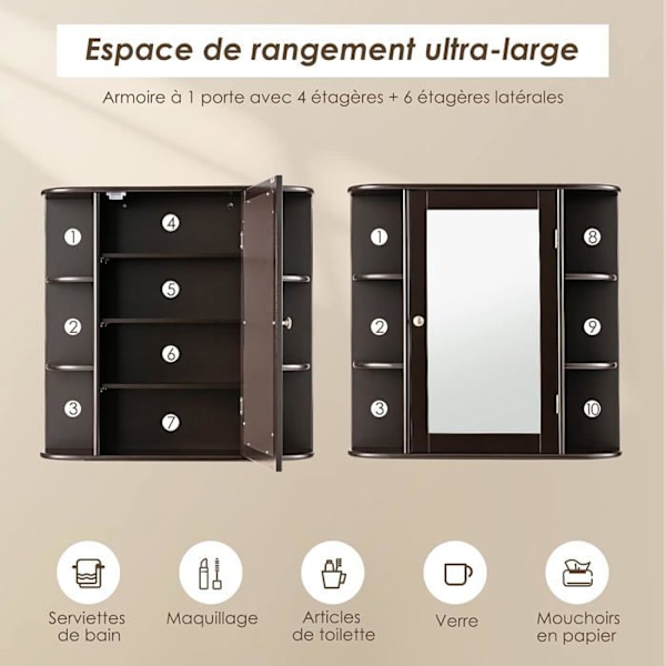 COSTWAY Badeværelsesvægskab med spejl Toiletopbevaring med dør og 6 hylder 65 x 17 x 64 cm Brun kastanj