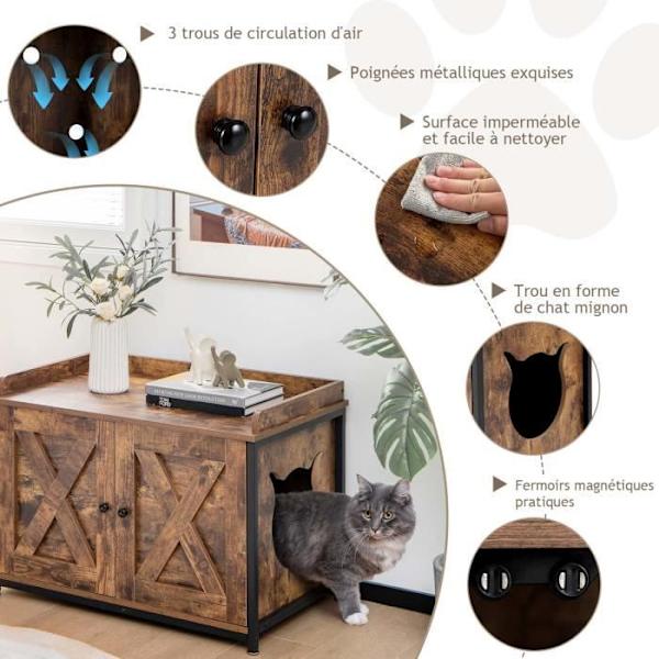 COSTWAY Kattebak Møbel i Træ-80x50x58 CM-Katte Toilet Hus-Justerbare Fodpuder-Industriel Stil