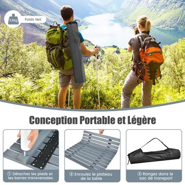 COSTWAY Gran Folde Camping Bord, Roll-up Top, Bæretaske, til Strand, Fiskeri, Picnic, Grå og Hvid