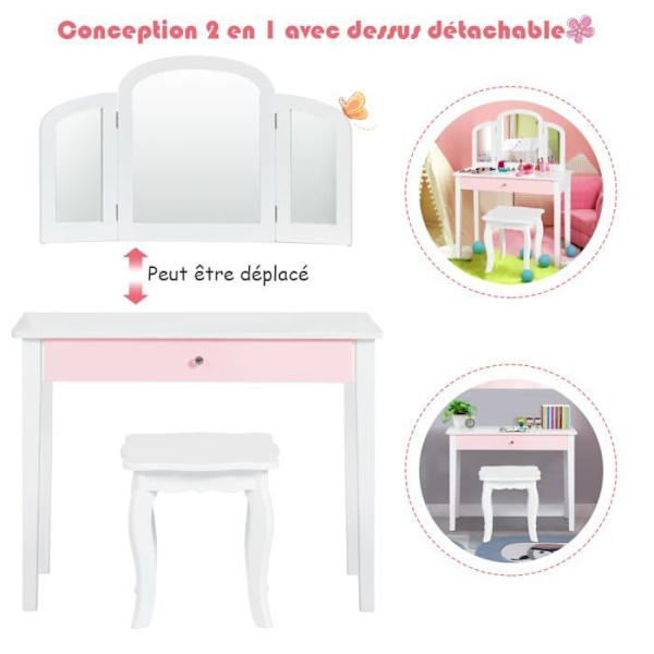 COSTWAY 2 in 1 lasten peilipöytä irrotettavalla ja taitettavalla peilillä, 1 iso prinsessatyylinen laatikko valkoinen