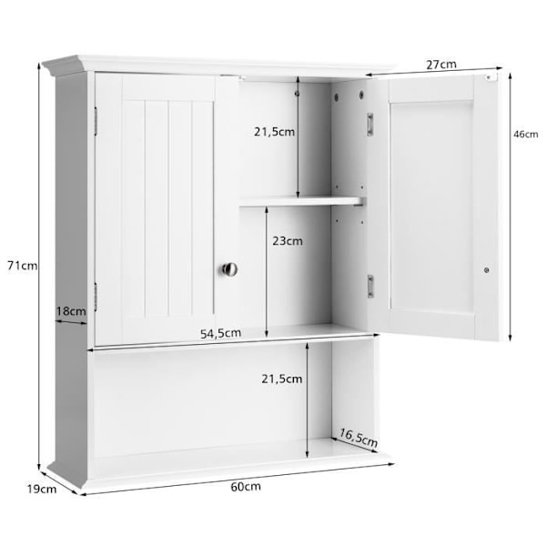 COSTWAY Kylpyhuoneen kalusteseinäkaappi 2 ovella säädettävät hyllyt Säilytys Lääkekaappi 60x19x71cm Valkoinen