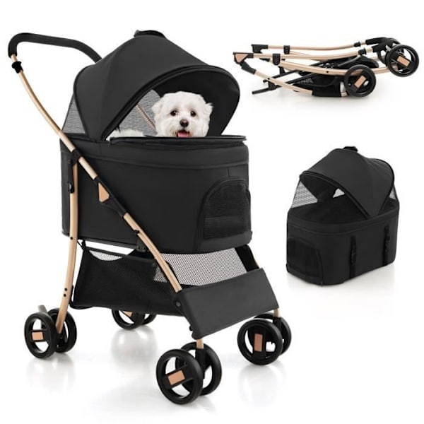 COSTWAY Foldbar buggyklapvogn til dyr - Justerbar baldakin, aftagelig pude, 4 hjul - Belastning 15KG - Vogn til kat - Hund - Sort