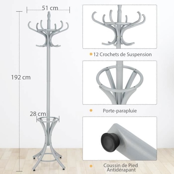 COSTWAY Fritstående knagerække i massivt træ - 12 kroge - til frakker Hatte - Opbevaringsparaplyholder - 51 x 51 x 184 CM - Grå Grå