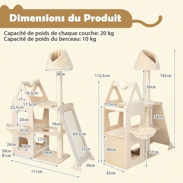 COSTWAY massivt træ kattetræ 162 cm - Kattetårn i flere lag - kugle og roterende kradsestolper, sisalrampe - beige