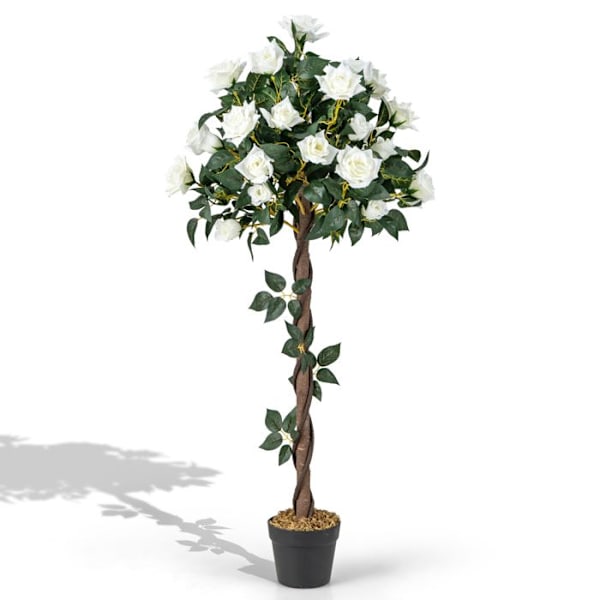 COSTWAY 120 cm Koristeellinen Kukka-puu - Valkoiset Ruusut Kukilla Mukana Taimikupissa, Sopii Olohuoneeseen, Parvekkeelle ja Toimistoon