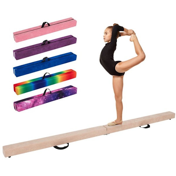 COSTWAY Taivutettava 240cm Gymnastikapalkki lapsille irrotettavalla mokkahuosella ja liukumattomalla pohjalla Kahvat 3-10 vuotta Beige