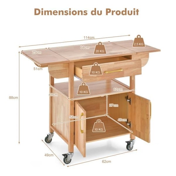 COSTWAY Køkkenvogn med aflåselige hjul - Drop-Leaf Counter med 2 døre, Skuffe - Køkkenvogn - 114x51x88 cm