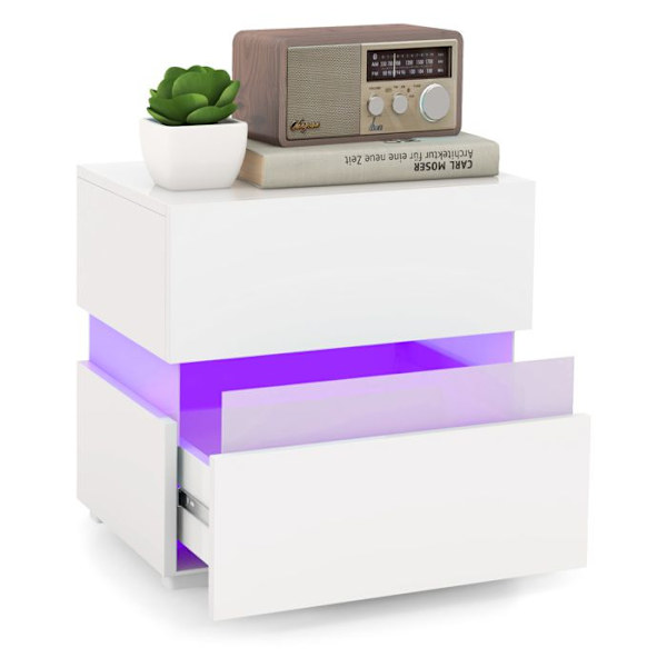 COSTWAY LED sengebord 2 skuffer, fjernbetjent 22 tilstande 5 lysstyrke 10 hastigheder, akrylpaneler, 45 x 35 x45 cm, hvid