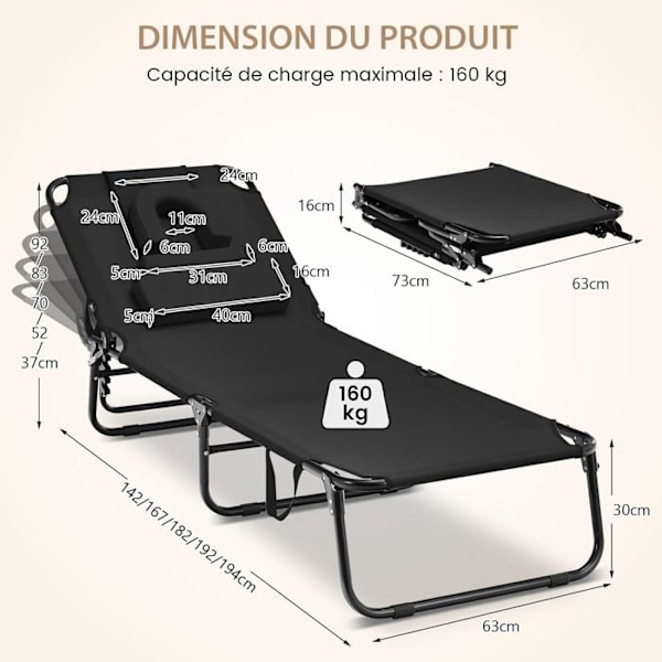 COSTWAY 5-positions justerbar foldbar loungestol - nakkestøtte og ansigtshule, til terrasse, camping, 160 kg, sort Svart