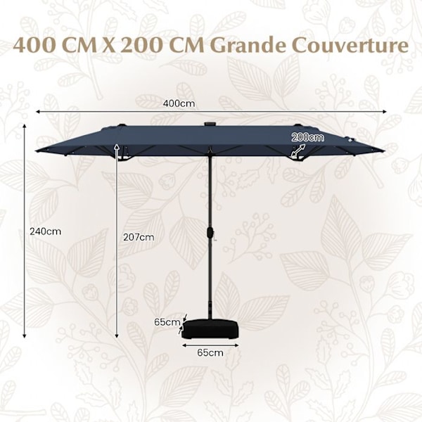 Parasol Double de Jardin XXL 400 x 200 x 240 cm - COSTWAY - 36 LED Lys - Base Inkluderet - 12 Spidser - Rektangulær Blå