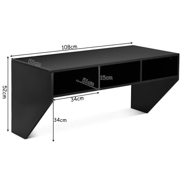 COSTWAY Väggmonterat skrivbord med 3 förvaringshyllor 108 x 53 x 52 CM Bord för, arbetsrum, kök, bar, etc. Svart Svart