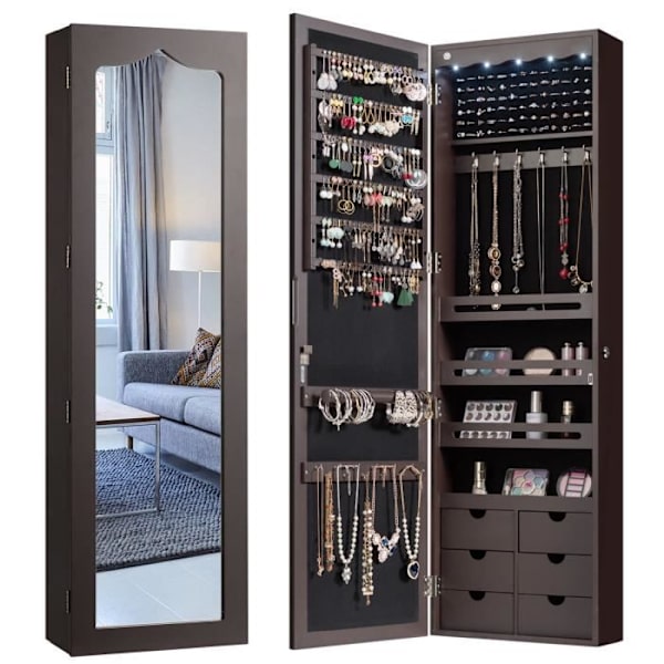 COSTWAY Väggmonterat smyckesskåp LED-spegel, 6 lådor Justerbar krokhöjd 120x36.5x11.5CM i vitt trä