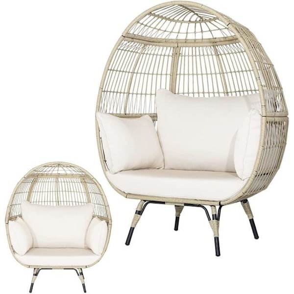COSTWAY Cocon Stol i PE Rattan Naturlig Stil med Tykk Pute, Relax Stol 110 x 82 x 145 CM, Max vægt: 205 kg