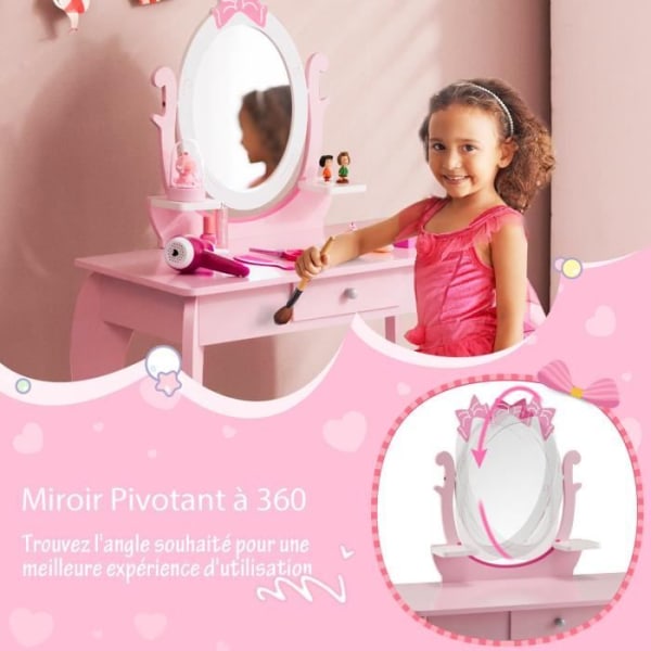 COSTWAY sminkbord för barn med pall, sminkbord i trä med roterande oval spegel, låda och 2 hyllor, rosa