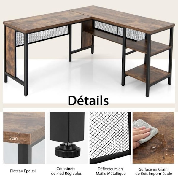 COSTWAY industrielt L-formet hjørneskrivebord, 150 x 140 x 75 cm Rummelig bordplade & 3 åbne hylder, rustik brun Rustik brun