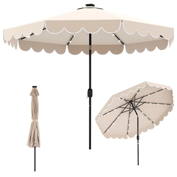 COSTWAY Haveparasol 3M 24 LED'er - Solbeskyttelse - Justerbar hældning 35° - 8 Kranse til Strandterrasse Beige