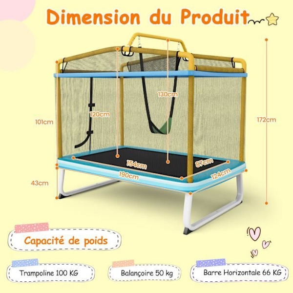 COSTWAY studsmatta för barn rektangulär 190 x 124 cm 3 i 1 med gunga, horisontell stång, kapslingsnät 100 kg Gul Gul