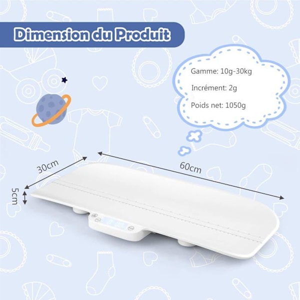 COSTWAY Digital Babyvægt Max 30 kg Størrelse 60CM 4 Måletilstande Tara Funktion LED-skærm Automatisk nedlukning for nyfødte/kæledyr Vit