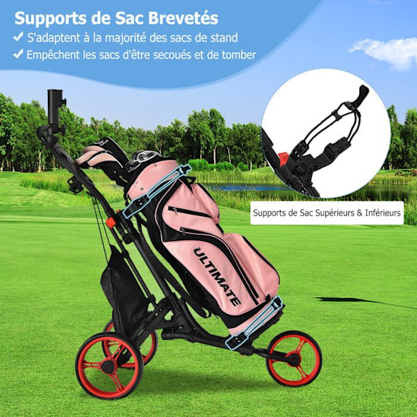 COSTWAY Foldbar golfvogn med 3 hjul, elastisk rem, justerbar paraplyholder og kopholder Aluminiumscoated taske Rød