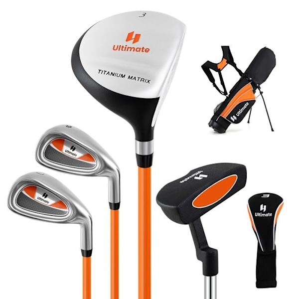 COSTWAY Lasten Golf-salkku kolmijalka, 5-osainen golfmailasarja telineen ja sateensuojan kanssa, 11-13 vuotta, Keltainen