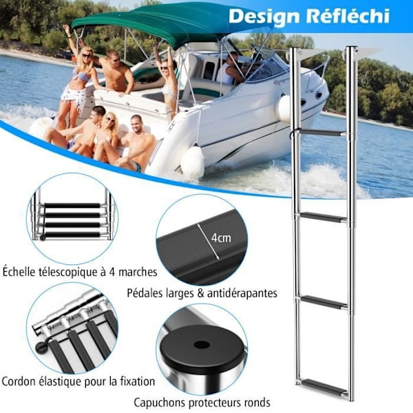 COSTWAY Foldable Teleskopisk Swimmingpoolstige - Rustfrit Stål, 4 Trin, Kapacitet 227KG, Skridsikre Fødder - Ponton Kaj Yacht