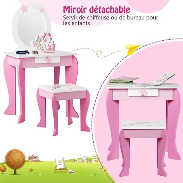 COSTWAY Sminkbord för barn Sminkbord med pall, avtagbar spegel och 1 förvaringslåda Princess Style Pink