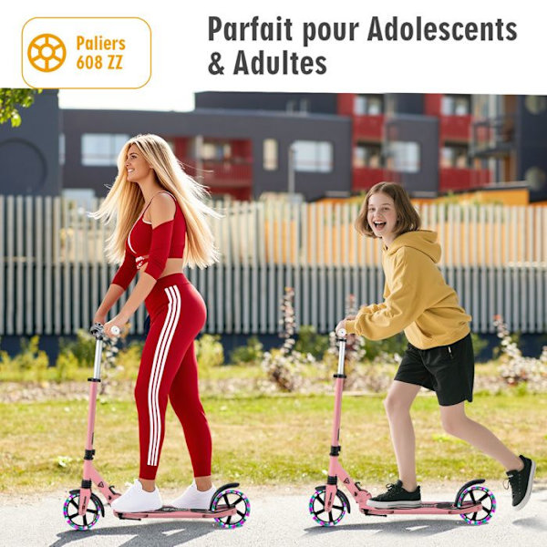 COSTWAY Sammenklappelig Kickbike til Børn 2 Hjul Belyst med T-formet Stang 3 Højder Justerbare Skridsikker Platform 100KG Lyserød