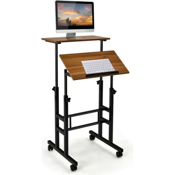 COSTWAY sitt-stående skrivbord med hjul Datorbord Justerbar höjd Arbetsstation Modern stil valnöt