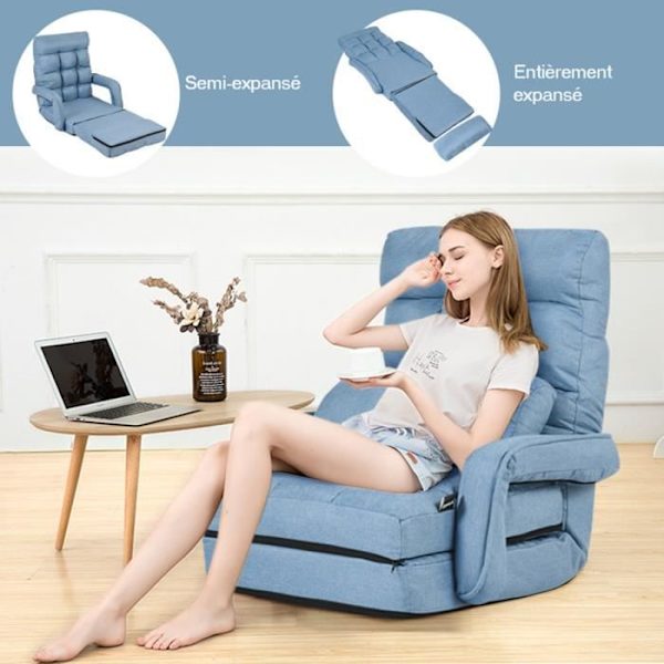 Cabriolet fåtölj, 1-sits bäddsoffa i grått tyg med kudde, 5 positioner tillgängliga blå