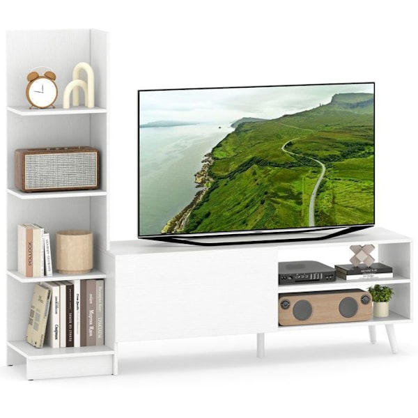 COSTWAY 50" TV-möbel med L-formade förvaringshyllor och justerbar hylla, öppna fack, för vardagsrum, sovrum, vit
