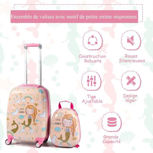 18" lasten matkalaukku ja 12" reppu - COSTWAY - Mermaid Design - 4 pyörää - Säädettävä kahva Rosa