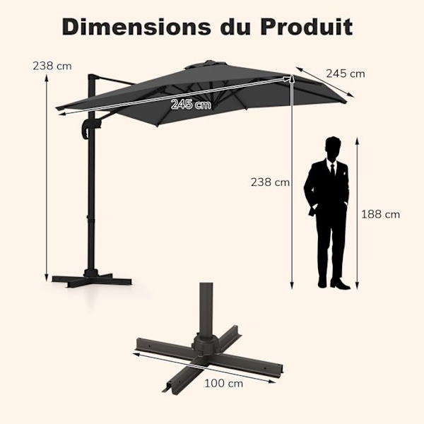 Parasol Deporter 245cm-Korsben-COSTWAY-360° Rotation-5 Justerbare Lægninger- 8 Spiler-Kurve- Kvadratisk til Have- Grå