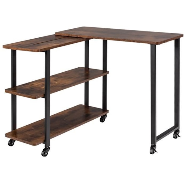 COSTWAY Hjørneskrivebord på hjul med 3 L-formede hylder, computerbord med robust metalstel, 80 x 71,5 x 67 cm rustikt brunt