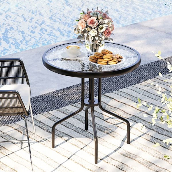 COSTWAY Pyöreä Puutarhapöytä 70 CM, Aaltoileva Karkaistu Lasikansi, Aurinkovarjon Reikä, Metallikehys, Terassille, Verandalle, Pihaan