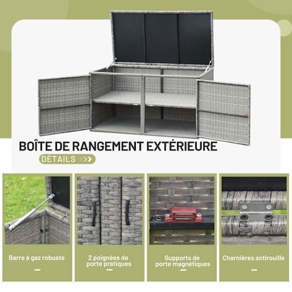 COSTWAY Haveopbevaringsboks 335L i PE Rattan, Maks 120 kg, Stålramme med 2 hylder 115 x 60 x 65 CM Grå