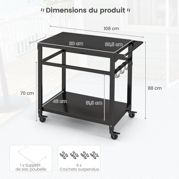 Desserte til Plancha 80 x 50,5 cm COSTWAY, Dobbelt Hylder, 4 Universelle Hjul, Håndklædeholdere, Grillvogn